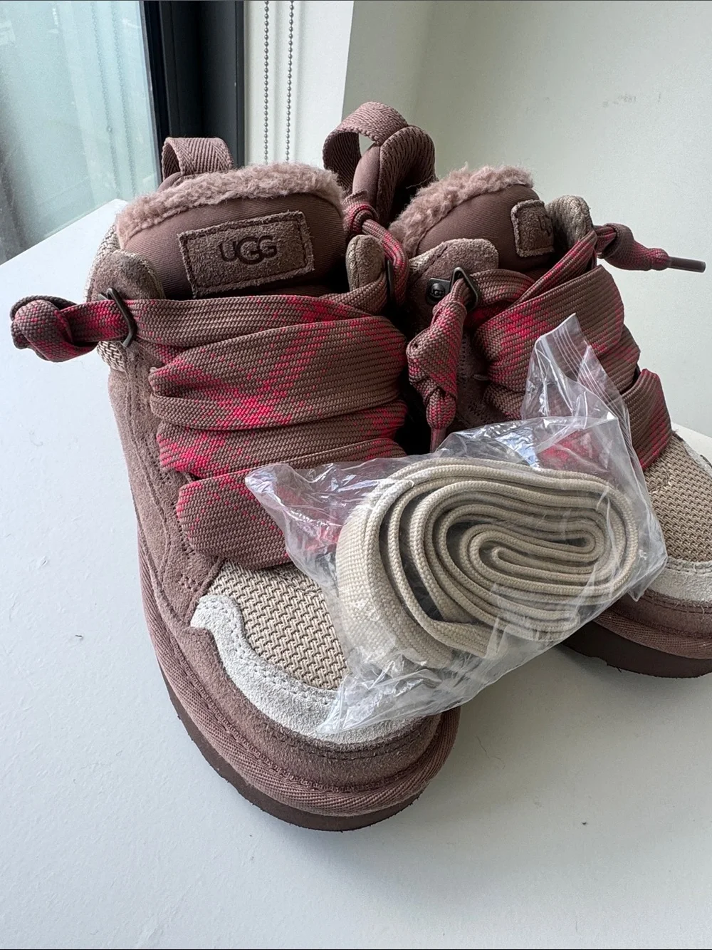 UGG Kids Brown Suede Sneakers with Pink Rope Laces
